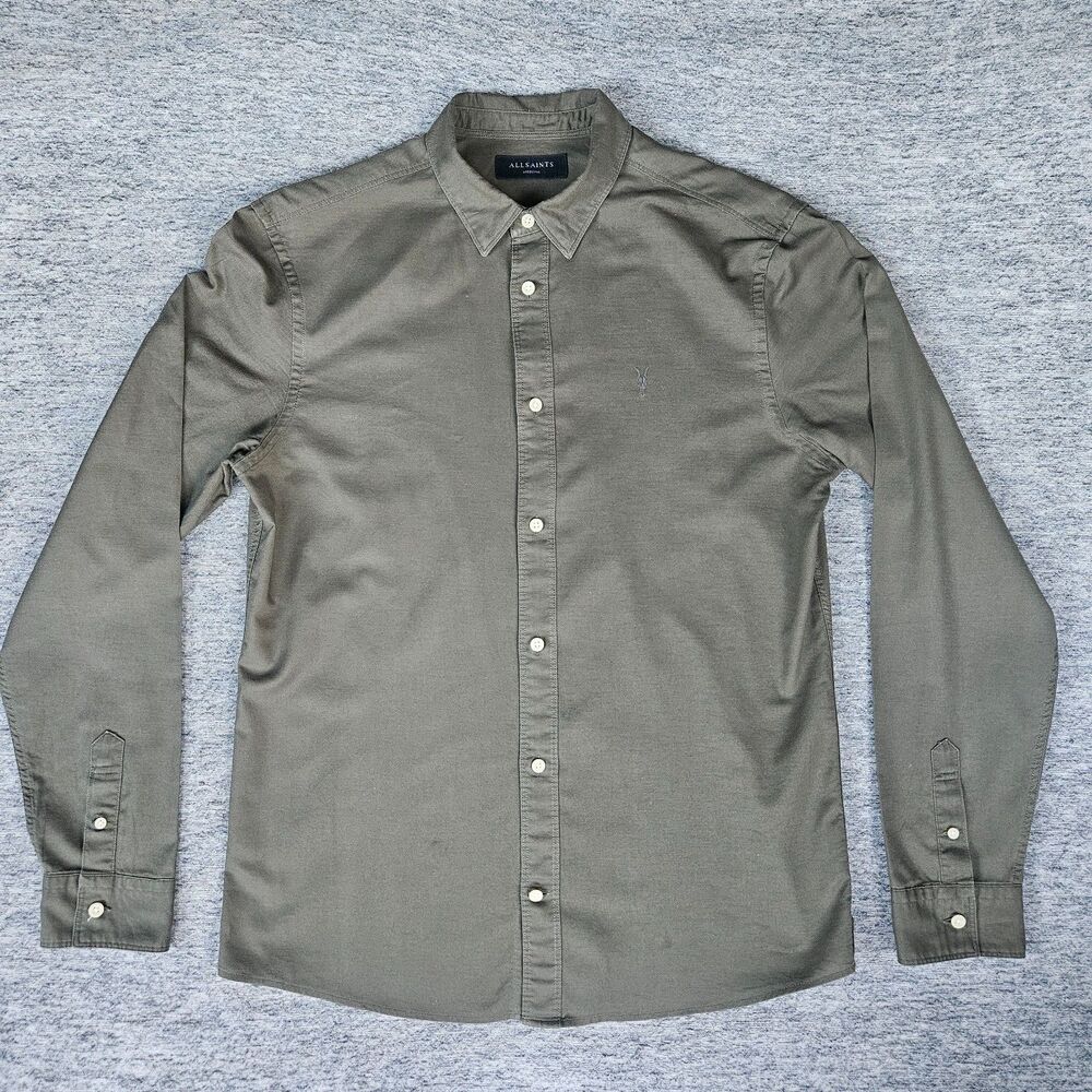 AllSaints Men’s Azur Shirt Button Down Long Sleeve Size M Cotton Military Green